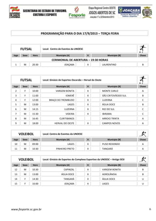 www.fesporte.sc.gov.br 6
PROGRAMAÇÃO PARA O DIA 17/9/2013 – TERÇA FEIRA
FUTSAL Local: Centro de Eventos da UNOESC
Jogo Sexo Hora Município [A] X Município [B] Chave
CERIMONIAL DE ABERTURA – 19:30 HORAS
1 M 20:30 JOAÇABA X LAURENTINO B
FUTSAL Local: Ginásio de Esportes Oscarzão – Herval do Oeste
Jogo Sexo Hora Município [A] X Município [B] Chave
2 F 10:00 VARGEM BONITA X MONTE CARLO A
3 F 11:00 IOMERÊ X SÃO CRITOVÃODO SUL B
4 F 12:00 BRAÇO DO TROMBUDO X LUZERNA C
5 M 13:00 LAGES X ÁGUA DOCE B
6 M 14:15 LUZERNA X RIO DO SUL C
7 M 15:30 VIDEIRA X IBIRAMA C
8 M 16:45 CURITIBANOS ARROIO TRINTA A
9 M 18:00 HERVAL DO OESTE X CAMPOS NOVOS A
VOLEIBOL Local: Centro de Eventos da UNOESC
Jogo Sexo Hora Município [A] X Município [B] Chave
10 M 09:00 LAGES X PUSO REDONDO A
11 M 10:30 PINHEIRO PRETO X TANGARÁ A
VOLEIBOL Local: Ginásio de Esportes do Complexo Esportivo da UNOESC – Antigo SESI
Jogo Sexo Hora Município [A] X Município [B] Chave
12 M 10:30 CAPINZAL X VARGEM BONITA B
13 M 13:00 ÁGUA DOCE X AGROLÂNDIA B
14 F 14:30 TANGARÁ X ÁGUA DOCE U
15 F 16:00 JOAÇABA X LAGES U
 