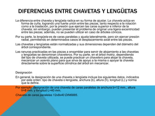 DIFERENCIAS ENTRE CHAVETAS Y LENGÜETAS
La diferencia entre chaveta y lengüeta radica en su forma de ajustar. La chaveta actúa en
    forma de cuña, logrando una fuerte unión entre las piezas, tanto respecto a la rotación
    como a la traslación, por la presión que ejercen las caras superior e inferior de la
    chaveta; sin embargo, pueden presentar el problema de originar una ligera excentricidad
    entre las piezas; además, no se pueden utilizar en caso de árboles cónicos.
Por su parte, la lengüeta es de caras paralelas y ajusta lateralmente, pero sin ejercer presión
    radial, permitiendo en determinados casos el desplazamiento axial entre las piezas.
Las chavetas y lengüetas están normalizadas y sus dimensiones dependen del diámetro del
    árbol correspondiente.
Las ranuras practicadas en las piezas a ensamblar para servir de alojamiento a las chavetas
    y lengüetas se denominan chaveteros. Por su parte, en el árbol motriz, dependiendo
    del tipo de chaveta utilizada, se puede practicar un chavetero para alojar la chaveta,
    mecanizar un asiento plano para que sirva de apoyo a la misma o apoyar la chaveta
    directamente sobre la superficie cilíndrica del árbol sin mecanizar.


Designación
En general, la designación de una chaveta o lengüeta incluye los siguientes datos, indicados
    por este orden: tipo de chaveta o lengüeta, anchura (b), altura (h), longitud (L) y norma
    que la define.
Por ejemplo: designación de una chaveta de caras paralelas de anchura b=12 mm., altura
    h=8 mm. y longitud L=40 mm.
Chaveta de caras paralelas 12x8x40 DIN6885.
 