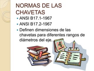 NORMAS DE LAS
CHAVETAS
 ANSI B17.1-1967
 ANSI B17.2-1967
 Definen dimensiones de las
chavetas para diferentes rangos de
diámetros del eje.
 