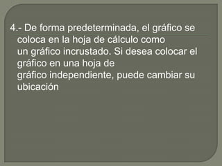 4.- De forma predeterminada, el gráfico se
coloca en la hoja de cálculo como
un gráfico incrustado. Si desea colocar el
gráfico en una hoja de
gráfico independiente, puede cambiar su
ubicación
 