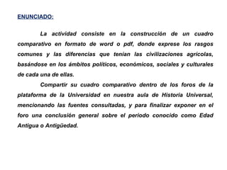 ENUNCIADO: La actividad consiste en la construcción de un cuadro comparativo en formato de word o pdf, donde exprese los rasgos comunes y las diferencias que tenían las civilizaciones agrícolas, basándose en los ámbitos políticos, económicos, sociales y culturales de cada una de ellas. Compartir su cuadro comparativo dentro de los foros de la plataforma de la Universidad en nuestra aula de Historia Universal, mencionando las fuentes consultadas, y para finalizar exponer en el foro una conclusión general sobre el periodo conocido como Edad Antigua o Antigüedad. 