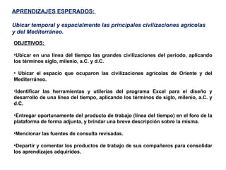 APRENDIZAJES ESPERADOS:  Ubicar temporal y espacialmente las principales civilizaciones agrícolas y del Mediterráneo. OBJETIVOS:  Ubicar en una línea del tiempo las grandes civilizaciones del periodo, aplicando los términos siglo, milenio, a.C. y d.C. Ubicar el espacio que ocuparon las civilizaciones agrícolas de Oriente y del Mediterráneo. Identificar las herramientas y utilerías del programa Excel para el diseño y desarrollo de una línea del tiempo, aplicando los términos de siglo, milenio, a.C. y d.C.  Entregar oportunamente del producto de trabajo (línea del tiempo) en el foro de la plataforma de forma adjunta, y brindar una breve descripción sobre la misma. Mencionar las fuentes de consulta revisadas. Departir y comentar los productos de trabajo de sus compañeros para consolidar los aprendizajes adquiridos. 