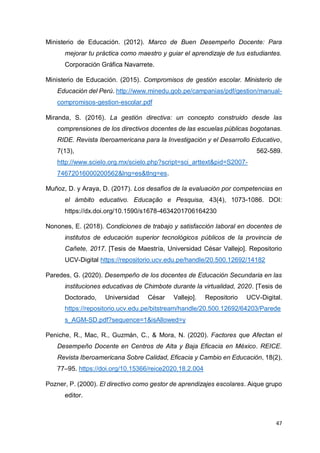 47
Ministerio de Educación. (2012). Marco de Buen Desempeño Docente: Para
mejorar tu práctica como maestro y guiar el aprendizaje de tus estudiantes.
Corporación Gráfica Navarrete.
Ministerio de Educación. (2015). Compromisos de gestión escolar. Ministerio de
Educación del Perú. http://www.minedu.gob.pe/campanias/pdf/gestion/manual-
compromisos-gestion-escolar.pdf
Miranda, S. (2016). La gestión directiva: un concepto construido desde las
comprensiones de los directivos docentes de las escuelas públicas bogotanas.
RIDE. Revista Iberoamericana para la Investigación y el Desarrollo Educativo,
7(13), 562-589.
http://www.scielo.org.mx/scielo.php?script=sci_arttext&pid=S2007-
74672016000200562&lng=es&tlng=es.
Muñoz, D. y Araya, D. (2017). Los desafíos de la evaluación por competencias en
el ámbito educativo. Educação e Pesquisa, 43(4), 1073-1086. DOI:
https://dx.doi.org/10.1590/s1678-4634201706164230
Nonones, E. (2018). Condiciones de trabajo y satisfacción laboral en docentes de
institutos de educación superior tecnológicos públicos de la provincia de
Cañete, 2017. [Tesis de Maestría, Universidad César Vallejo]. Repositorio
UCV-Digital https://repositorio.ucv.edu.pe/handle/20.500.12692/14182
Paredes, G. (2020). Desempeño de los docentes de Educación Secundaria en las
instituciones educativas de Chimbote durante la virtualidad, 2020. [Tesis de
Doctorado, Universidad César Vallejo]. Repositorio UCV-Digital.
https://repositorio.ucv.edu.pe/bitstream/handle/20.500.12692/64203/Parede
s_AGM-SD.pdf?sequence=1&isAllowed=y
Peniche, R., Mac, R., Guzmán, C., & Mora, N. (2020). Factores que Afectan el
Desempeño Docente en Centros de Alta y Baja Eficacia en México. REICE.
Revista Iberoamericana Sobre Calidad, Eficacia y Cambio en Educación, 18(2),
77–95. https://doi.org/10.15366/reice2020.18.2.004
Pozner, P. (2000). El directivo como gestor de aprendizajes escolares. Aique grupo
editor.
 