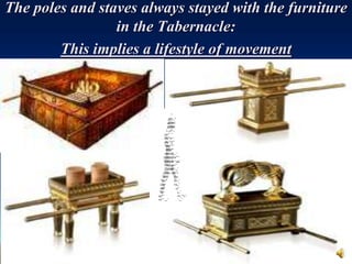The poles and staves always stayed with the furniture
                 in the Tabernacle:
        This implies a lifestyle of movement
 