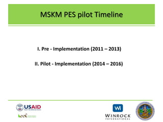 MSKM PES pilot Timeline
I. Pre - Implementation (2011 – 2013)
II. Pilot - Implementation (2014 – 2016)
 