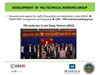 DEVELOPMENT OF PES-TECHNICAL WORKING GROUP
• Protected area regional 16 staffs (Chiang Mai) and stakeholders inside MSKM 
MSKM-MAB management working group  LEAF – DNP technical working group
PES study tour in Lam Dong, Vietnam (2012)
 
