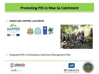 Promoting PES in Mae Sa Catchment
• USAID-LEAF, HAPPEN, and CBFCM
• Integrated PES in Participatory Catchment Management Plan
 