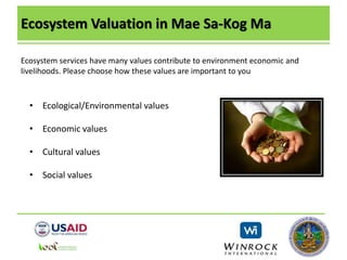 Ecosystem Valuation in Mae Sa-Kog Ma
Ecosystem services have many values contribute to environment economic and
livelihoods. Please choose how these values are important to you
• Ecological/Environmental values
• Economic values
• Cultural values
• Social values
 