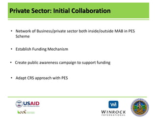 Private Sector: Initial Collaboration
• Network of Business/private sector both inside/outside MAB in PES
Scheme
• Adapt CRS approach with PES
• Establish Funding Mechanism
• Create public awareness campaign to support funding
 