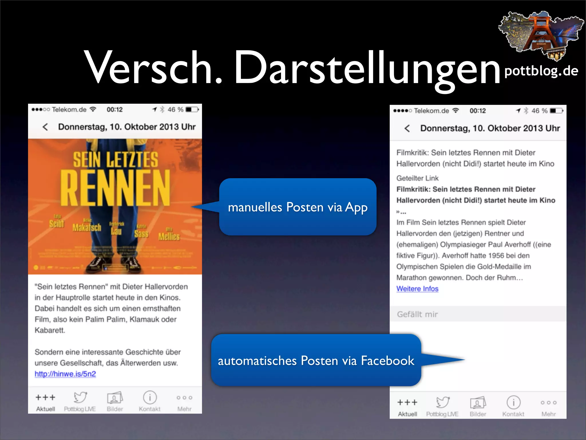 Versch. Darstellungen
manuelles Posten via App

automatisches Posten via Facebook

pottblog.de

 