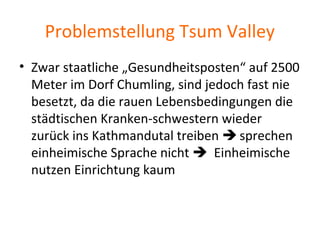 Problemstellung Tsum Valley
• Zwar staatliche „Gesundheitsposten“ auf 2500
Meter im Dorf Chumling, sind jedoch fast nie
besetzt, da die rauen Lebensbedingungen die
städtischen Kranken-schwestern wieder
zurück ins Kathmandutal treiben  sprechen
einheimische Sprache nicht Einheimische
nutzen Einrichtung kaum
 