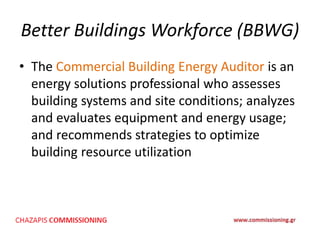Better Buildings Workforce (BBWG)
• The Commercial Building Energy Auditor is an
energy solutions professional who assesses
building systems and site conditions; analyzes
and evaluates equipment and energy usage;
and recommends strategies to optimize
building resource utilization
 