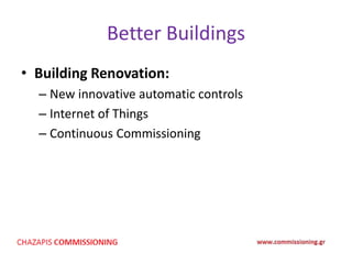 Better Buildings
• Building Renovation:
– New innovative automatic controls
– Internet of Things
– Continuous Commissioning
 