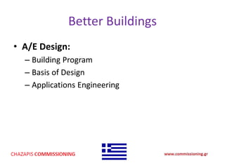 Better Buildings
• A/E Design:
– Building Program
– Basis of Design
– Applications Engineering
 