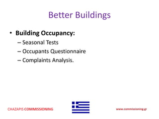 Better Buildings
• Building Occupancy:
– Seasonal Tests
– Occupants Questionnaire
– Complaints Analysis.
 