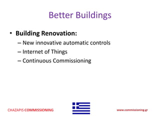 Better Buildings
• Building Renovation:
– New innovative automatic controls
– Internet of Things
– Continuous Commissioning
 