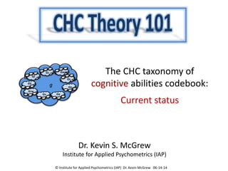 The CHC taxonomy of
cognitive abilities codebook:
Current status
Dr. Kevin S. McGrew
Institute for Applied Psychometrics (IAP)
Gf
Gc Gwm
Glr
Gv
Ga
Gs
Gq
Grw
g
© Institute for Applied Psychometrics (IAP) Dr. Kevin McGrew 06-14-14
 