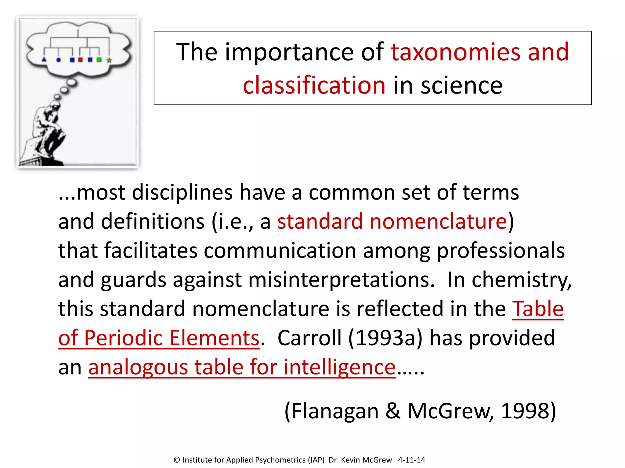 ...most disciplines have a common set of terms
and definitions (i.e., a standard nomenclature)
that facilitates communication among professionals
and guards against misinterpretations. In chemistry,
this standard nomenclature is reflected in the Table
of Periodic Elements. Carroll (1993a) has provided
an analogous table for intelligence…..
(Flanagan & McGrew, 1998)
The importance of taxonomies and
classification in science
© Institute for Applied Psychometrics (IAP) Dr. Kevin McGrew 4-11-14
 