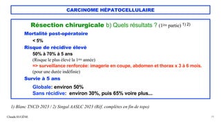 CARCINOME HÉPATOCELLULAIRE
Résection chirurgicale b) Quels résultats ? (1ère partie) 1) 2)
Mortalité post-opératoire
< 5%
Risque de récidive élevé
50% à 70% à 5 ans
(Risque le plus élevé la 1ère année)
=> surveillance renforcée: imagerie en coupe, abdomen et thorax x 3 à 6 mois.
(pour une durée indéfinie)
Survie à 5 ans
Globale: environ 50%
Sans récidive: environ 30%, puis 65% voire plus...
Claude EUGÈNE 28
1) Blanc TNCD 2023 / 2) Singal AASLC 2023 (Réf. complètes en fin de topo)
 