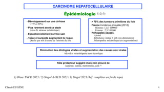 CARCINOME HEPATOCELLULAIRE
- Développement sur une cirrhose
(75% à 80%)
- Plus rarement avant ce stade
(virus B, stéatose métabolique)
- Exceptionnellement sur foie sain
- Tabac et surpoids augmentent le risque
Quelle que soit la cause de l'atteinte du foie
Claude EUGÈNE 4
> 70% des tumeurs primitives du foie
France Incidence annuelle (2018)
Homme: 12,5/ 100000
Femme: 2,5/100000
Principales causes
. Alcool
. Infections virales B et C (en diminution)
. Stéatopathie métabolique (en augmentation)
Épidémiologie 1) 2) 3)
Diminution des étiologies virales et augmentation des causes non virales
Alcool et stéatohépatite non alcoolique
Rôle protecteur suggéré mais non prouvé de
Aspirine, statine, metformine, café 3)
1) Blanc TNCD 2023 / 2) Singal AASLD 2023 / 3) Singal 2023 (Réf. complètes en fin de topo)
 
