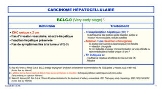 CARCINOME HÉPATOCELLULAIRE
Claude EUGÈNE 53
BCLC-0 (Very early stage) 1)
Définition Traitement
- CHC unique < 2 cm
- Pas d'invasion vasculaire, ni extra-hépatique
- Fonction hépatique préservée
- Pas de symptômes liés à la tumeur (PS-0)
- Transplantation hépatique (TH) ?
Vu la fréquence des récidives après résection, surtout si:
invasion micro-vasculaire, nodules satellites
- Ablation 2) ou résection chirurgicale
Si ablation (percutanée ou laparosopique) non faisable
=> résection chirurgicale
Si non réalisable envisager chimioembolisation par voie artérielle ou
radio-embolisation si nodule unique < 8 cm) 3)
- TH indiquée si:
. Insuffisance hépatique et critères de mise sur liste OK
. Récidive
1) Reig M, Forner A, Rimola J et al. BCLC strategy for prognosis prediction and treatment recommendation: the 2022 update. J Hepatol 2022;76:681-693.
(Accès libre sur internat).
2) L'ablation donne dans le cadre du BCLC 0 des survies similaires à la résection. Techniques préférées: radiofréquenve et micro-ondes.
Dans certains cas: injection d'éthanol.
3) Salem R, Johnson GE, Kim E et al. Yttrium-90 radioembolization for the treatment of solitary, unresectable HCC: The Legacy study. Hepatology; 2021;74(5):2342-2352
(Accès libre sur internet)
 