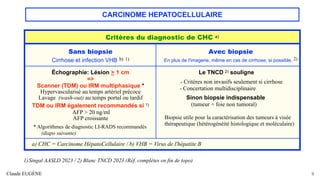 CARCINOME HEPATOCELLULAIRE
Claude EUGÈNE 9
Critères du diagnostic de CHC a)
Sans biopsie
Cirrhose et infection VHB b) 1)
Avec biopsie
En plus de l'imagerie, même en cas de cirrhose, si possible. 2)
Échographie: Lésion > 1 cm
=>
Scanner (TDM) ou IRM multiphasique *
Hypervascularisé au temps artériel précoce
Lavage (wash-out) au temps portal ou tardif
TDM ou IRM également recommandés si 1)
AFP > 20 ng/ml
AFP croissante
* Algorithmes de diagnostic LI-RADS recommandés
(diapo suivante)
Le TNCD 2) souligne
- Critères non invasifs seulement si cirrhose
- Concertation multidisciplinaire
Sinon biopsie indispensable
(tumeur + foie non tumoral)
Biopsie utile pour la caractérisation des tumeurs à visée
thérapeutique (hétérogénéité histologique et moléculaire)
a) CHC = Carcinome HépatoCellulaire / b) VHB = Virus de l'hépatite B
1)Singal AASLD 2023 / 2) Blanc TNCD 2023 (Réf. complètes en fin de topo)
 