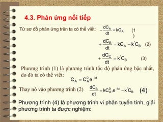 kt
0
A
A e
C
C 

B
'
kt
0
A
B
C
k
.e
kC
dt
dC

 
Phương trình (1) là phương trình tốc độ phản ứng bậc nhất,
do đó ta có thể viết:
Thay nó vào phương trình (2)
B
'
A
B
C
k
kC
dt
dC


 (2)
Từ sơ đồ phản ứng trên ta có thể viết:
4.3. Phản ứng nối tiếp
A
A
kC
dt
dC

 (1
)
B
'
C
C
k
dt
dC

 (3)
Phương trình (4) là phương trình vi phân tuyến tính, giải
phương trình ta được nghiệm:
(4)
 