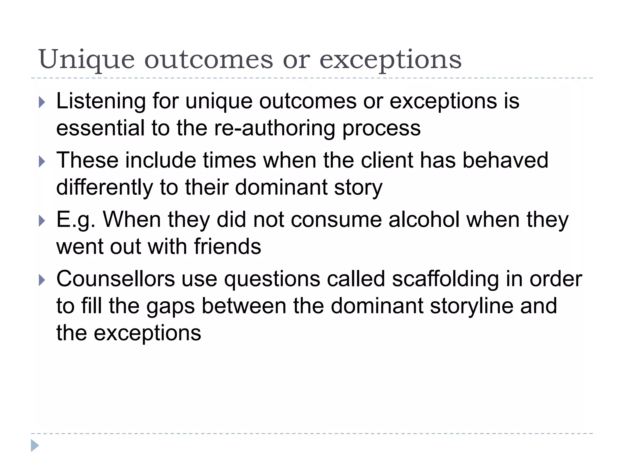 Seeking out what is absent but implicit in a person’s substance use can provide the means for people to identify what is important in their lives, and this can be the first step in engaging with a sense of personal agency in relation to their substance use.
