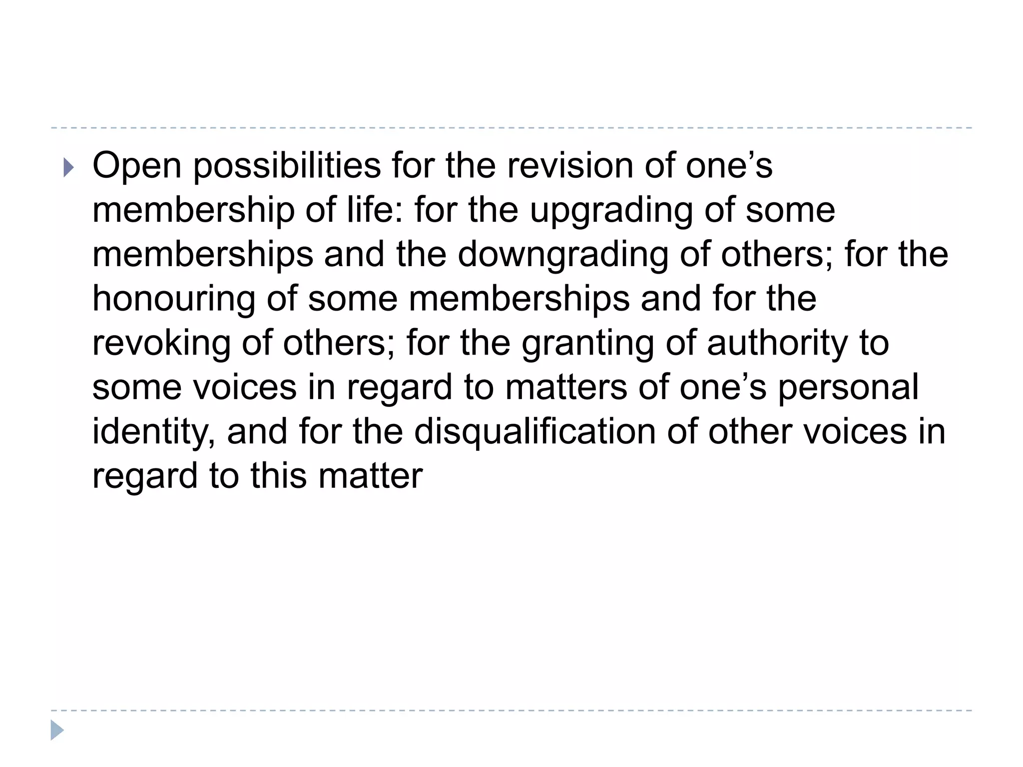 Unique outcomes or exceptionsListening for unique outcomes or exceptions is essential to the re-authoring processThese include times when the client has behaved differently to their dominant storyE.g. When they did not consume alcohol when they went out with friendsCounsellors use questions called scaffolding in order to fill the gaps between the dominant storyline and the exceptions