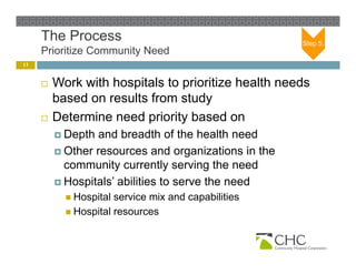 The Process                                      Step 5:
     Prioritize Community Need
13


        Work with hospitals to prioritize health needs
         based on results from study
        Determine need priority based on
          Depth  and breadth of the health need
          Other resources and organizations in the
           community currently serving the need
          Hospitals’ abilities to serve the need
            Hospital service mix and capabilities
            Hospital resources
 