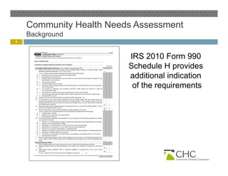 Community Health Needs Assessment
    Background
    B k      d
6



                         IRS 2010 Form 990
                         Schedule H provides
                         additional indication
                          of the requirements
 