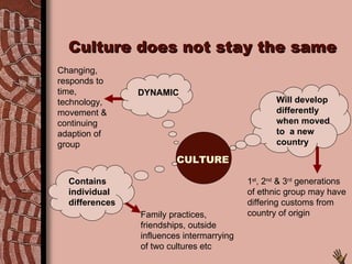 Culture does not stay the same Changing,  responds to time, technology, movement & continuing adaption of group 1 st , 2 nd  & 3 rd  generations of ethnic group may have differing customs from country of origin Family practices, friendships, outside influences intermarrying of two cultures etc CULTURE  DYNAMIC Will develop differently when moved to  a new country Contains individual differences 
