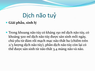 Dịch não tuỷ
 Giải phẫu, sinh lý
 Trong khoang não tủy có khảng 150 ml dịch não tủy, có
khoảng 500 ml dịch não tủy được sản sinh mỗi ngày,
chủ yếu từ đám rối mạch mạc não thất ba (chiếm trên
2/3 lượng dịch não tủy), phần dịch não tủy còn lại có
thể được sản sinh từ não thất 3,4 màng não và não.
 