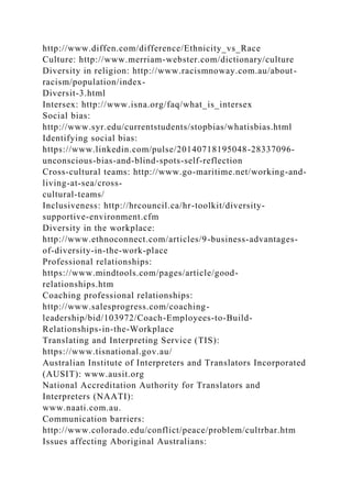 http://www.diffen.com/difference/Ethnicity_vs_Race
Culture: http://www.merriam-webster.com/dictionary/culture
Diversity in religion: http://www.racismnoway.com.au/about-
racism/population/index-
Diversit-3.html
Intersex: http://www.isna.org/faq/what_is_intersex
Social bias:
http://www.syr.edu/currentstudents/stopbias/whatisbias.html
Identifying social bias:
https://www.linkedin.com/pulse/20140718195048-28337096-
unconscious-bias-and-blind-spots-self-reflection
Cross-cultural teams: http://www.go-maritime.net/working-and-
living-at-sea/cross-
cultural-teams/
Inclusiveness: http://hrcouncil.ca/hr-toolkit/diversity-
supportive-environment.cfm
Diversity in the workplace:
http://www.ethnoconnect.com/articles/9-business-advantages-
of-diversity-in-the-work-place
Professional relationships:
https://www.mindtools.com/pages/article/good-
relationships.htm
Coaching professional relationships:
http://www.salesprogress.com/coaching-
leadership/bid/103972/Coach-Employees-to-Build-
Relationships-in-the-Workplace
Translating and Interpreting Service (TIS):
https://www.tisnational.gov.au/
Australian Institute of Interpreters and Translators Incorporated
(AUSIT): www.ausit.org
National Accreditation Authority for Translators and
Interpreters (NAATI):
www.naati.com.au.
Communication barriers:
http://www.colorado.edu/conflict/peace/problem/cultrbar.htm
Issues affecting Aboriginal Australians:
 