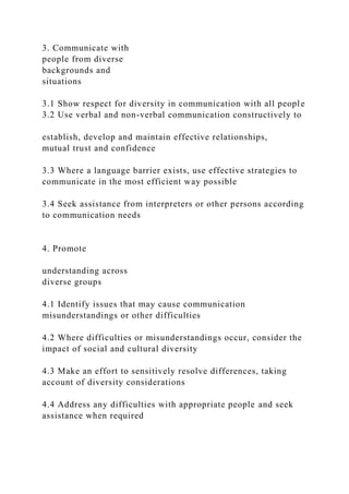 3. Communicate with
people from diverse
backgrounds and
situations
3.1 Show respect for diversity in communication with all people
3.2 Use verbal and non-verbal communication constructively to
establish, develop and maintain effective relationships,
mutual trust and confidence
3.3 Where a language barrier exists, use effective strategies to
communicate in the most efficient way possible
3.4 Seek assistance from interpreters or other persons according
to communication needs
4. Promote
understanding across
diverse groups
4.1 Identify issues that may cause communication
misunderstandings or other difficulties
4.2 Where difficulties or misunderstandings occur, consider the
impact of social and cultural diversity
4.3 Make an effort to sensitively resolve differences, taking
account of diversity considerations
4.4 Address any difficulties with appropriate people and seek
assistance when required
 