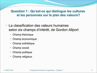 Question 1 : Qu’est-ce qui distingue les cultures
            et les personnes sur le plan des valeurs?


  • La classific...