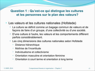 Question 1 : Qu’est-ce qui distingue les cultures
            et les personnes sur le plan des valeurs?

  • Les valeurs e...