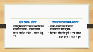 दोष अल्ि- लंघन
• रोगी दुबिल व दोष अल्ि अितील तर
शमन चिकिसिा – लंघन िरावी
• वातज छदीत लघंन , शॊिन देवु
नये
दोष जास्त वाढलेले-शोिन
• वमन=वल्लीफळ बी िोबत
वमनिारि द्रव्य द्यावे.
• पवरेिन- हररतिी िुणि + मि िाटन,
- हृद्य द्रव्य + मद्य / दुि
 