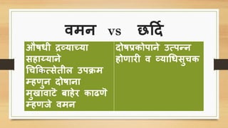 वमन vs छर्दि
औषिी द्रव्याच्या
िहाय्याने
चिकिसिेतील उिक्रम
म्हणुन दोषाना
मुखावाटॆ बाहेर िाढणॆ
म्हणजे वमन
दोषप्रिोिाने उसिन्न
होणारी व व्याचििुिि
 