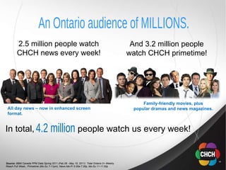 In total,    people watch us every week! 4.2 million Source:  BBM Canada PPM Data Spring 2011 (Feb 28 - May 15, 2011)  Total Ontario 2+ Weekly Reach Full Week,: Primetime (Mo-Su 7-11pm), News Mo-Fr 5:30a-7:30p, Mo-Su 11-11:30p  2.5 million people watch CHCH news every week! And 3.2 million people watch CHCH primetime! An Ontario audience of MILLIONS. All day news – now in enhanced screen format. Family-friendly movies, plus popular dramas and news magazines. 