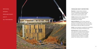 REPUTATION           CROSSLAND HEAVY CONTRACTORS

                     Reputation: Crossland Heavy Contractors
INTEGRITY
                     has a strong reputation for putting quality work
                     in place, on time and within budget. A highly
SPEED AND EFFIENCY
                     skilled workforce assures project success.

QUALITY              Integrity: Keeping promises, being trustworthy,
                     having backbone and being reliable as
SELF PERFORMANCE     individuals and as a company.

                     Speed and Efﬁciency: Time is money. Owner and
                     contractor are both affected by the conﬁnes of time. We
                     take pride in our ability to reduce owner cost and maintain
                     tight schedules, always with safety as a top priority.

                     Quality: We are dedicated to exceeding client expectations
                     by producing a high quality and tremendous value.

                     Self Performance: We take responsibility for
                     every project from conception through completion.
                     We perform the majority of the work: earthwork,
                     structural concrete, yard pipe, processing piping,
                     tunneling and boring. This allows us to manage
                     projects more closely and keeps us competitive.




4                                                                                  5
 