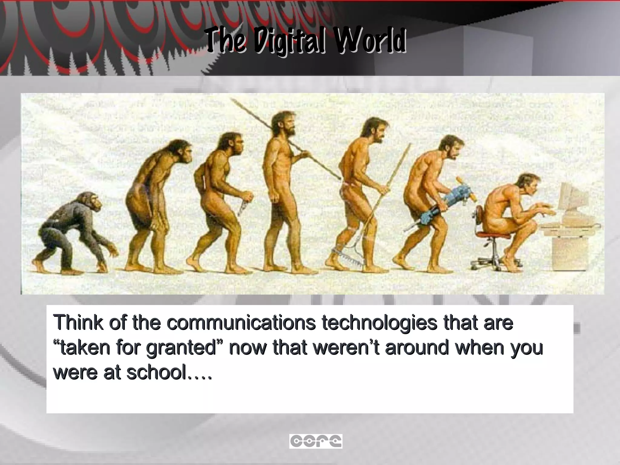 The Digital World Think of the communications technologies that are “taken for granted” now that weren’t around when you were at school…. 