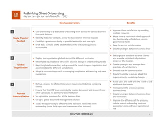 4
Rethinking Client Onboarding
Key success factors and benefits (1/2)
Key Success Factors Benefits
Single Point of 
Contact
 Give ownership to a dedicated Onboarding team across the various business 
lines and divisions
 Identify dedicated contacts across the business for internal requests
 Establish a governance body to provide leadership and oversight
 Draft SLAs to make all the stakeholders in the onboarding process 
accountable
 Improve client satisfaction by avoiding 
multiple requests
 Move from a traditional siloed approach 
to a functionally unified client‐centric 
governance model
 Ease the access to information
 Create synergies between business lines
1
Global 
Organization
 Deploy the organization globally across the different territories
 Rationalize organizational structures to avoid delays in understanding needs
 Base the global onboarding policy around the most stringent regulations and 
accommodate the different jurisdictions
 Adopt a horizontal approach to managing compliance with existing and new 
regulations 
 Set up global standards to serve clients 
and provide consistent information 
whatever the location
 Create synergies and leverage best 
practices of each territory
 Smooth out the communication
 Create flexibility to quickly adapt the 
organization to regulatory changes
2
Process 
Standardization
 Define a master list of client document requirements before contacting 
clients
 Ensure that the COB team controls the master document and prevent from 
other groups to ask additional documentation
 Set up similar processes for all the business lines
 Set up a global document management solution 
 Study the opportunity to offshore some functions related to client 
onboarding (static data input and maintenance for instance)
 Avoid back and forth with the client to ask 
additional documents
 Homogenize the processes across 
business lines
 Create synergies between business lines 
and territories
 Improve the efficiency of the process, 
reduce overall onboarding time and 
associated costs and lower operational 
risk
3
 