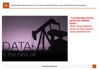 10
« Les données sont le
pétrole du XXIeme
siècle »
Stefan Gross-Selbeck,
patron de Xing (réseau
social professionnel)
L’exploitation des données est un atout compétitif majeur pour l’ensemble des entreprises
 