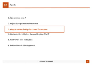 15
Agenda
1. Qui sommes-nous ?
2. Enjeux du Big data dans l’Assurance
3. Opportunités du Big data dans l’Assurance
4. Quels sont les initiatives du marché aujourd’hui ?
5. Contraintes liées au Big data
6. Perspectives de développement
 
