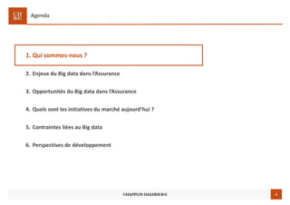 2
Agenda
1. Qui sommes-nous ?
2. Enjeux du Big data dans l’Assurance
3. Opportunités du Big data dans l’Assurance
4. Quels sont les initiatives du marché aujourd’hui ?
5. Contraintes liées au Big data
6. Perspectives de développement
 
