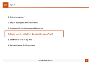22
Agenda
1. Qui sommes-nous ?
2. Enjeux du Big data dans l’Assurance
3. Opportunités du Big data dans l’Assurance
4. Quels sont les initiatives du marché aujourd’hui ?
5. Contraintes liées au Big data
6. Perspectives de développement
 