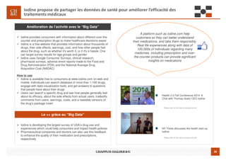 28
Iodine propose de partager les données de santé pour améliorer l’efficacité des
traitements médicaux
Amélioration de l’activité avec le “Big Data”
Le ++ grâce au “Big Data”
Iodine provides consumers with information about different over-the-
counter and prescription drugs to make healthcare decisions easier
Iodine is a free website that provides information about thousands of
drugs, their side effects, warnings, cost, and how other people feel
about the drug, such as whether it's worth it, or if it's a hassle. One
can target survey results for age groups and gender
Iodine uses Google Consumer Surveys, clinical research,
pharmacist surveys, adverse event reports made to the Food and
Drug Administration (FDA) and the National Average Drug
Acquisition Cost (NADAC)
How to use
Iodine is available free to consumers at www.iodine.com on web and
mobile. Individuals can search database of more than 1,100 drugs,
engage with data-visualization tools, and get answers to questions
that people have about their drugs
Users can search a specific drug and see how people generally feel
about its efficacy, about the side effects from actual users, tradeoffs,
comments from users, warnings, costs, and a readable versions of
the drug’s package insert
Iodine is developing the largest survey of USA’s drug use and
experiences which could help consumers and impact health policies
Pharmaceutical companies and doctors can also use this feedback
to enhance the quality of their medication and prescriptions,
respectively
A platform such as iodine.com help
customers so they can better understand
their medications, and take them responsibly.
Real life experiences along with data of
100,000s of individuals regarding many
medicines, including prescription and over-
the-counter products can provide significant
insights on medications
Health 2.0 Fall Conference 2014: A
Chat with Thomas Goetz CEO Iodine
NY Times discusses the health start-up
Iodine
Please click on the hand to access the link
Please click on the hand to access the link
 