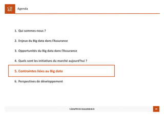 29
Agenda
1. Qui sommes-nous ?
2. Enjeux du Big data dans l’Assurance
3. Opportunités du Big data dans l’Assurance
4. Quels sont les initiatives du marché aujourd’hui ?
5. Contraintes liées au Big data
6. Perspectives de développement
 