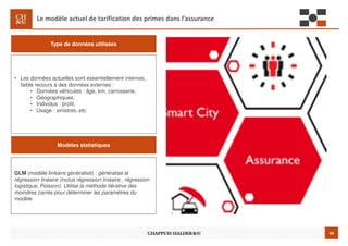 46
Le modèle actuel de tarification des primes dans l’assurance
Type de données utilisées
Modèles statistiques
• Les données actuelles sont essentiellement internes,
faible recours à des données externes :
• Données véhicules : âge, km, carrosserie,
• Géographiques,
• Individus : profil,
• Usage : sinistres, etc
GLM (modèle linéaire généralisé) : généralise la
régression linéaire (inclus régression linéaire , régression
logistique, Poisson). Utilise la méthode itérative des
moindres carrés pour déterminer les paramètres du
modèle
 